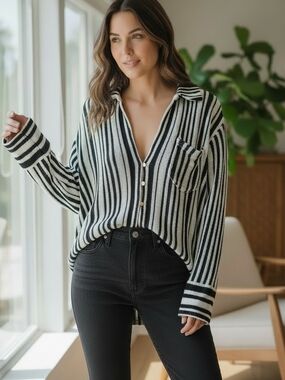 Free People Beach Bash Striped Knit Sweater Small Black White Sequined Oversized